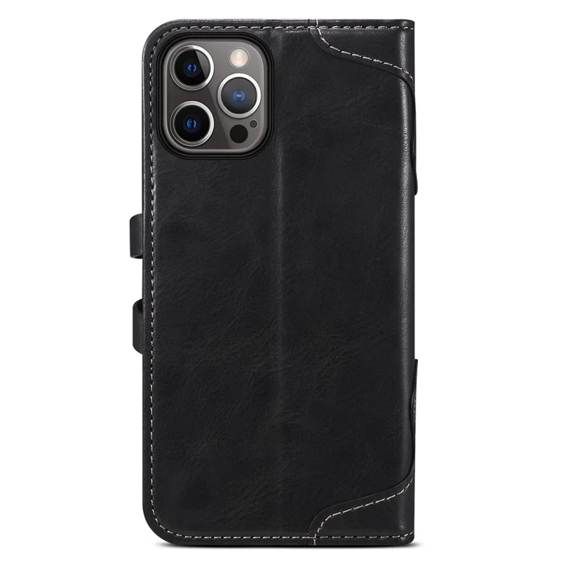 SUTENI 234 Series Business Style Soft TPU+PU Leather Wallet Button Closure Phone Shell with Stand Flip Phone Cover for iPhone 12/12 Pro 6.1 inch - Black