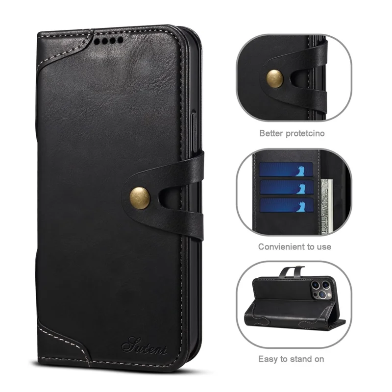 SUTENI 234 Series Business Style Soft TPU+PU Leather Wallet Button Closure Phone Shell with Stand Flip Phone Cover for iPhone 12/12 Pro 6.1 inch - Black