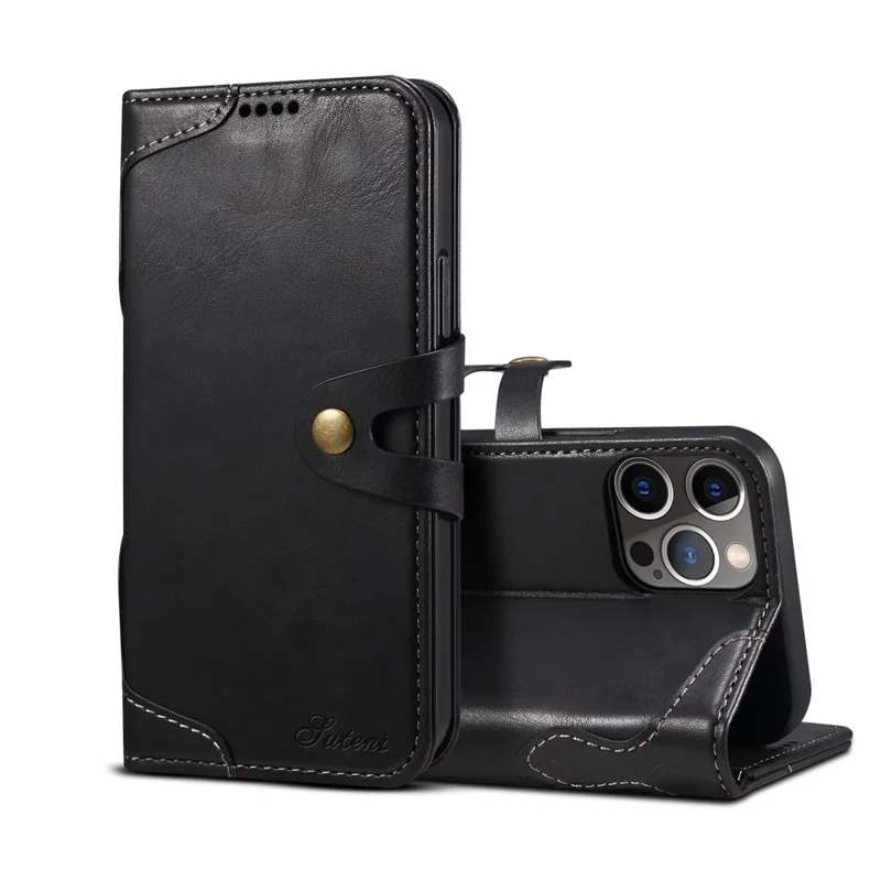 SUTENI 234 Series Business Style Soft TPU+PU Leather Wallet Button Closure Phone Shell with Stand Flip Phone Cover for iPhone 12/12 Pro 6.1 inch - Black
