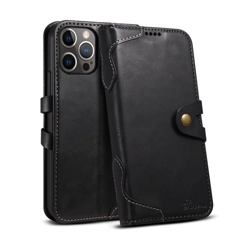 SUTENI 234 Series Business Style Soft TPU+PU Leather Wallet Button Closure Phone Shell with Stand Flip Phone Cover for iPhone 12/12 Pro 6.1 inch - Black