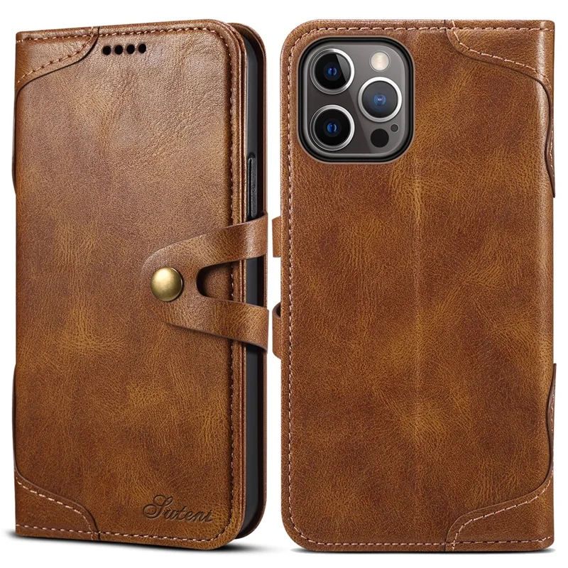 SUTENI 234 Series Business Style Soft TPU+PU Leather Wallet Button Closure Phone Shell with Stand Flip Phone Cover for iPhone 12/12 Pro 6.1 inch - Brown