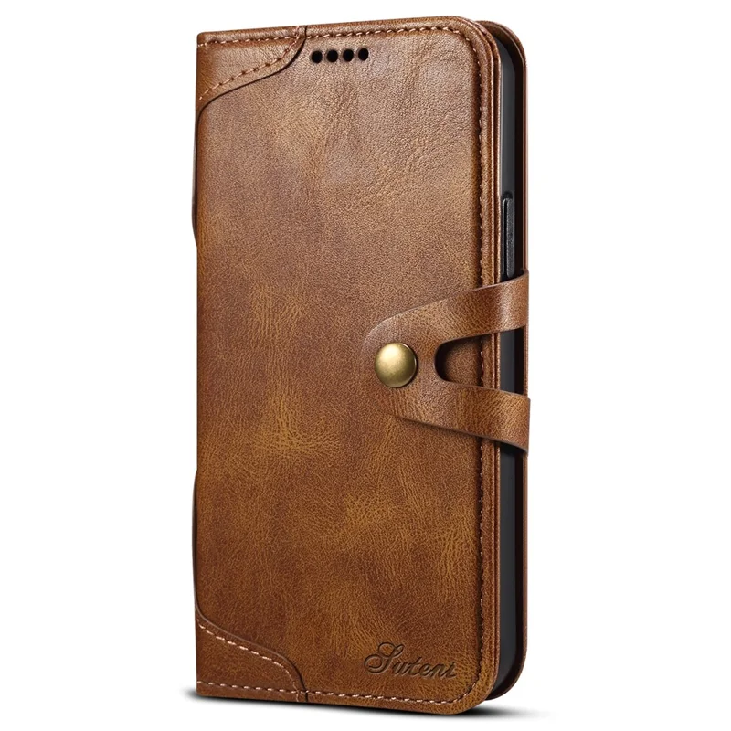 SUTENI 234 Series Business Style Soft TPU+PU Leather Wallet Button Closure Phone Shell with Stand Flip Phone Cover for iPhone 12/12 Pro 6.1 inch - Brown