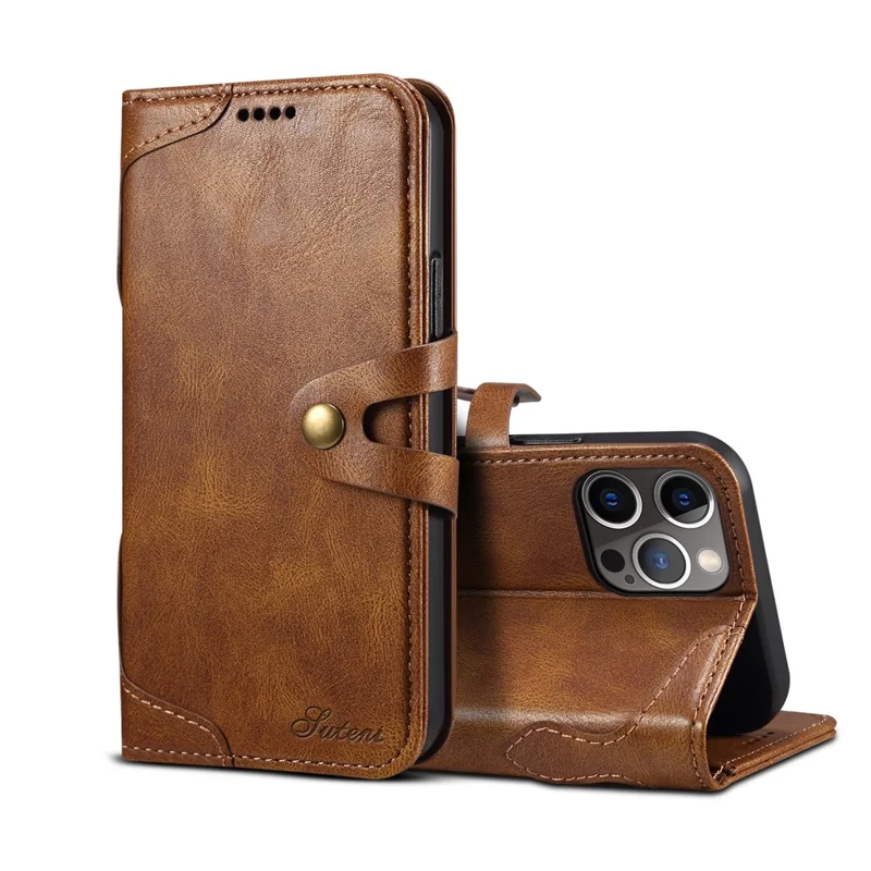 SUTENI 234 Series Business Style Soft TPU+PU Leather Wallet Button Closure Phone Shell with Stand Flip Phone Cover for iPhone 12/12 Pro 6.1 inch - Brown