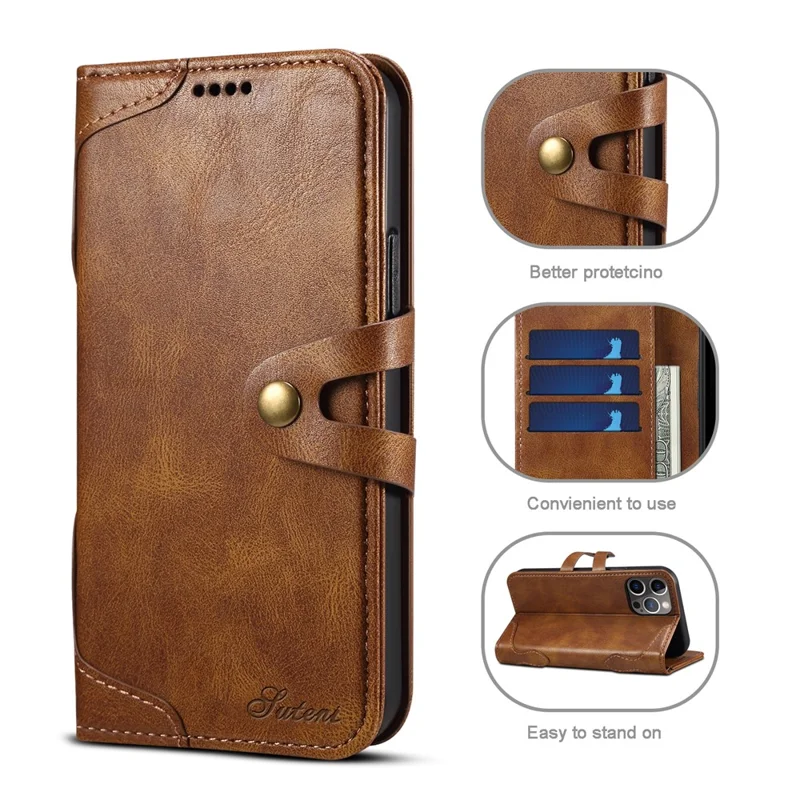 SUTENI 234 Series Business Style Soft TPU+PU Leather Wallet Button Closure Phone Shell with Stand Flip Phone Cover for iPhone 12/12 Pro 6.1 inch - Brown