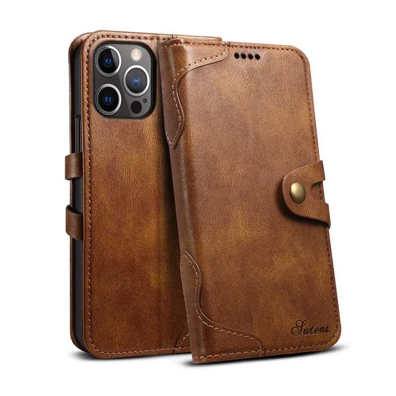 SUTENI 234 Series Business Style Soft TPU+PU Leather Wallet Button Closure Phone Shell with Stand Flip Phone Cover for iPhone 12/12 Pro 6.1 inch - Brown