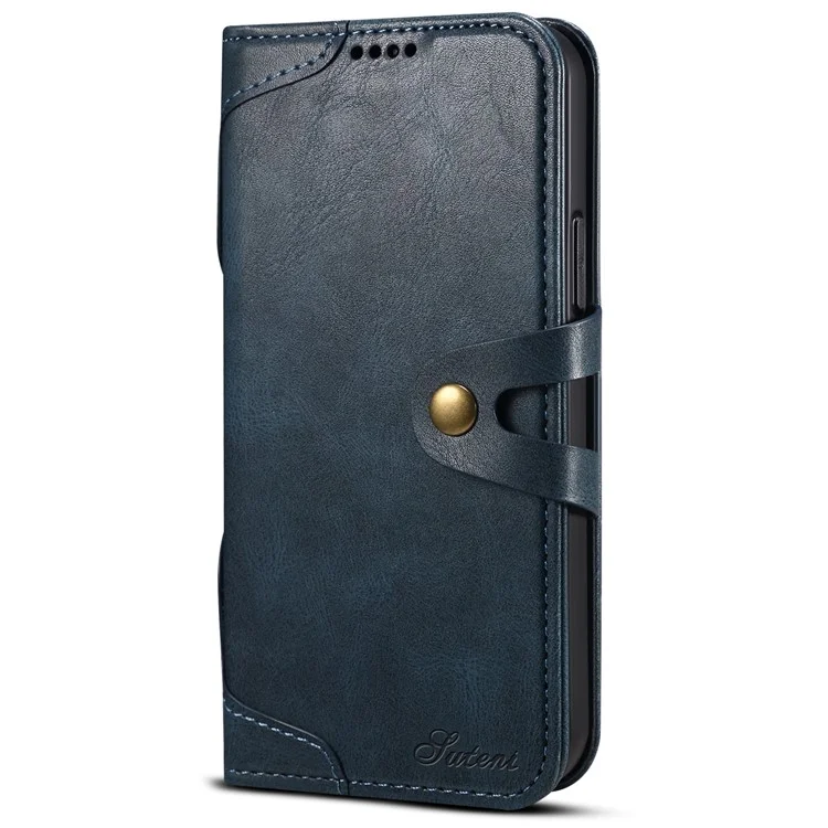 Suteni 234 Series Business Style Botton Closure TPU + PU Cuero De Cuero Teléfono Shell With Stand Flip Phone Cover Para IPhone 13 Pro 6.1 Pulgada - Azul
