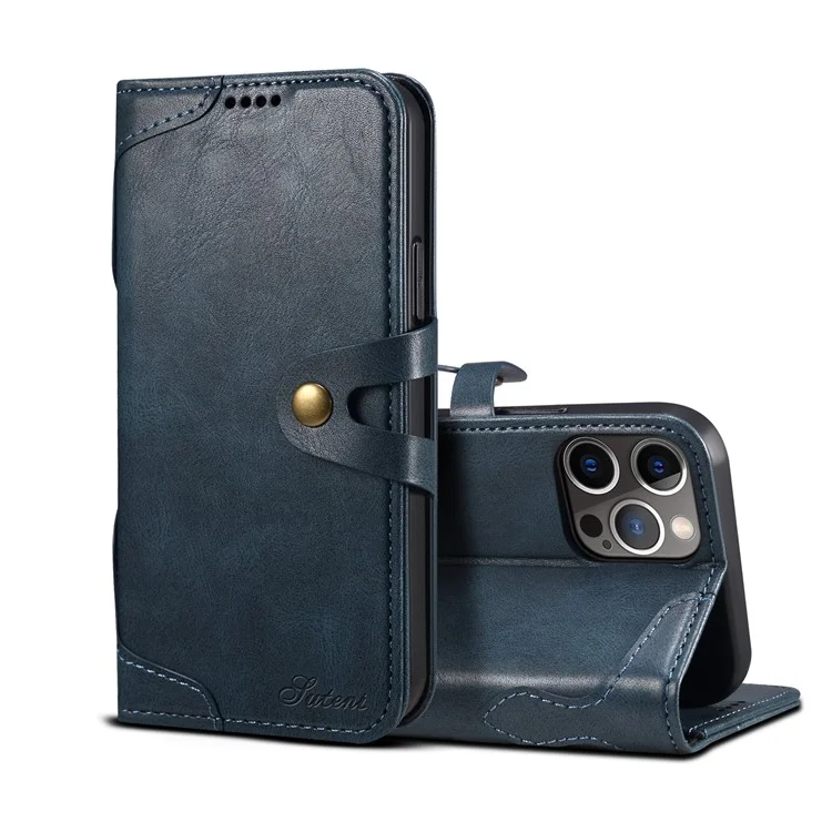 Suteni 234 Series Business Style Botton Closure TPU + PU Cuero De Cuero Teléfono Shell With Stand Flip Phone Cover Para IPhone 13 Pro 6.1 Pulgada - Azul