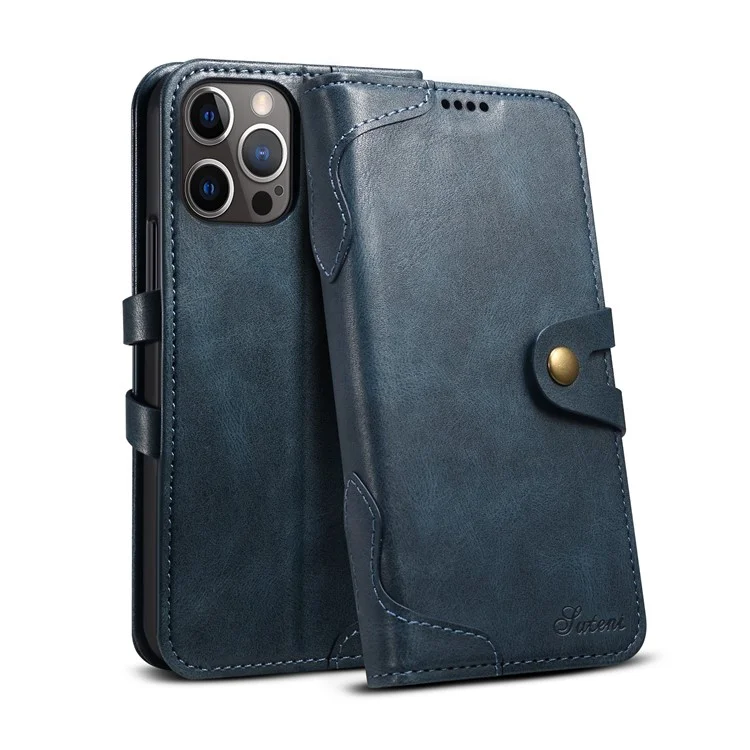 Suteni 234 Series Business Style Botton Closure TPU + PU Cuero De Cuero Teléfono Shell With Stand Flip Phone Cover Para IPhone 13 Pro 6.1 Pulgada - Azul