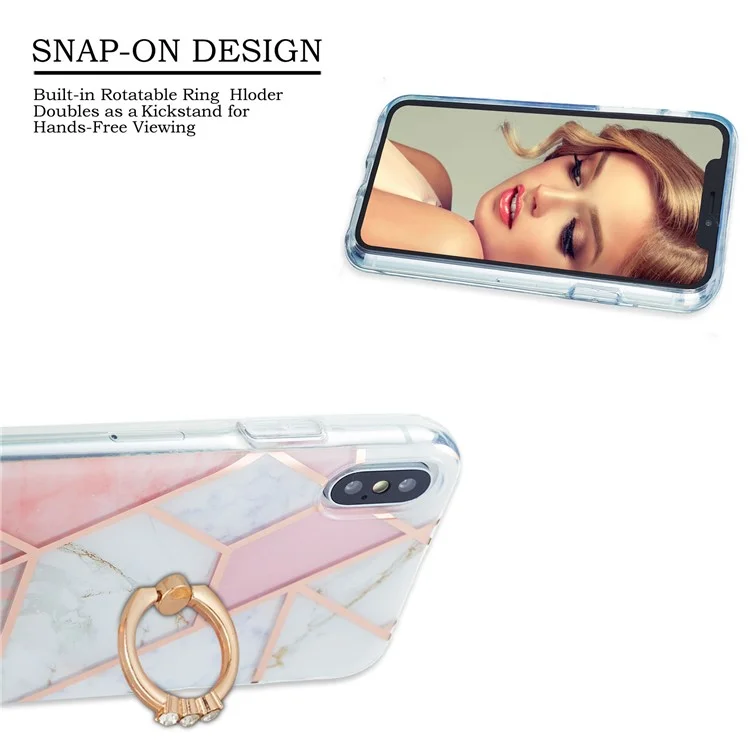 Rotary Kickstand TPU Phone Cover IMD IML Marble Pattern 2.0mm Thickness Electroplating Case for iPhone X/XS 5.8 inch - Pink/White