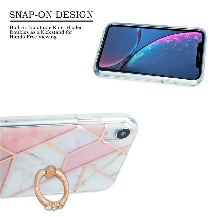 Rotary Kickstand TPU Phone Cover Electroplating Marble Pattern Super Tough 2.0mm IMD IML Case for iPhone XR 6.1 inch - Pink/White