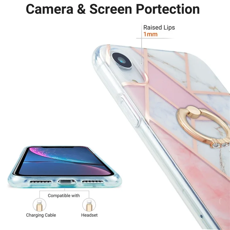 Rotary Kickstand TPU Phone Cover Electroplating Marble Pattern Super Tough 2.0mm IMD IML Case for iPhone XR 6.1 inch - Pink/White