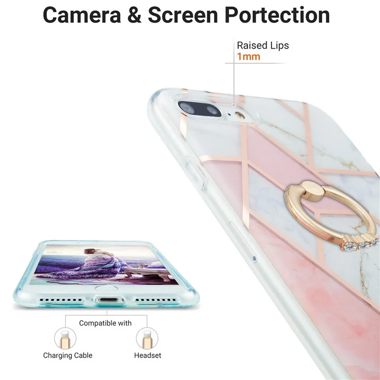 Electroplating TPU Phone Kickstand Cover IMD IML Marble Pattern Ultra Thin 2.0mm Case for iPhone 7 Plus 5.5 inch/8 Plus 5.5 inch - Pink/White