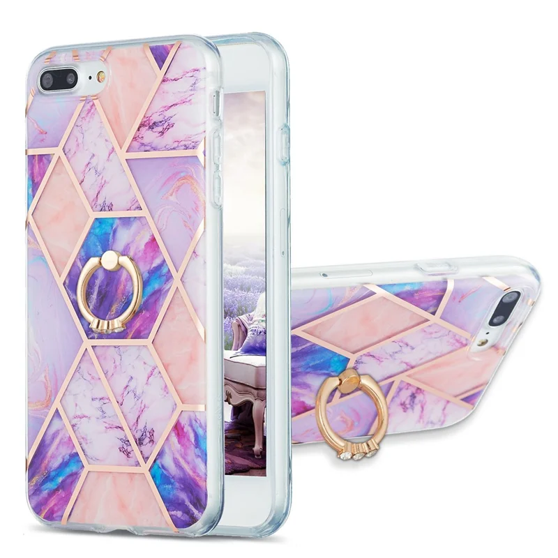 Electroplating TPU Phone Kickstand Cover IMD IML Marble Pattern Ultra Thin 2.0mm Case for iPhone 7 Plus 5.5 inch/8 Plus 5.5 inch - Light Purple