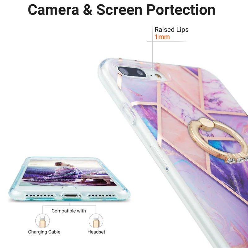 Electroplating TPU Phone Kickstand Cover IMD IML Marble Pattern Ultra Thin 2.0mm Case for iPhone 7 Plus 5.5 inch/8 Plus 5.5 inch - Light Purple