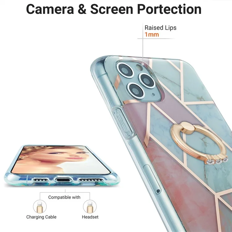 Étui à motif de marbre en TPU de 2,0 mm avec support pour téléphone portable pour iPhone 11 Pro 5,8 pouces - Rose/Blanc