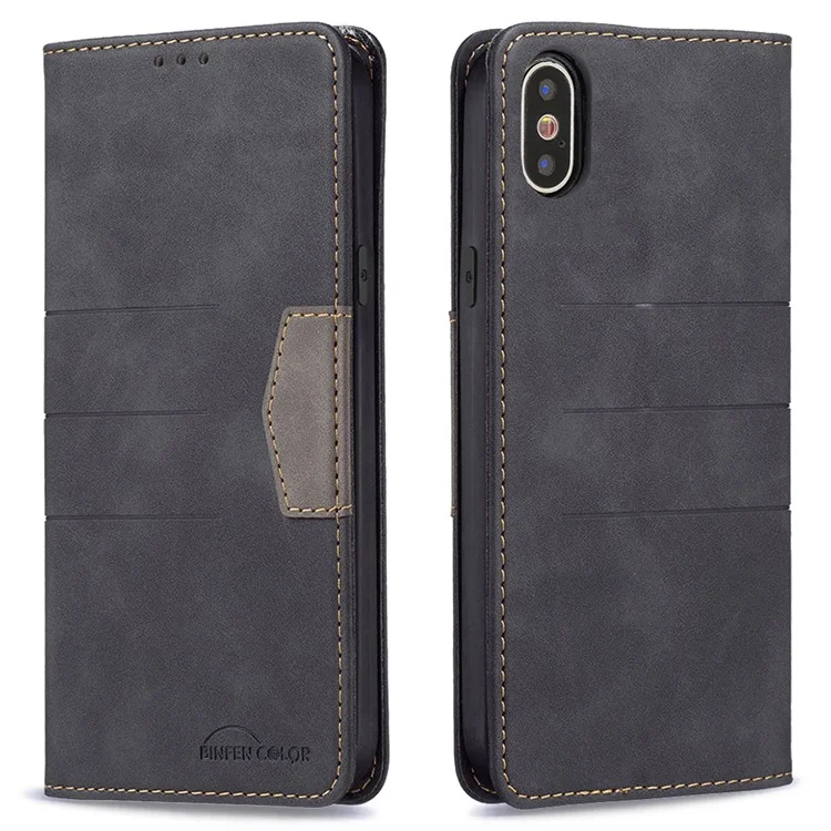 BINFEN COLOR Многоцветный дизайн Магнитный Bi-color Flip Phone Covering Shell Wallet Function Stand PU Leather Phone Case для iPhone X / iPhone XS 5,8 дюйма - Черный