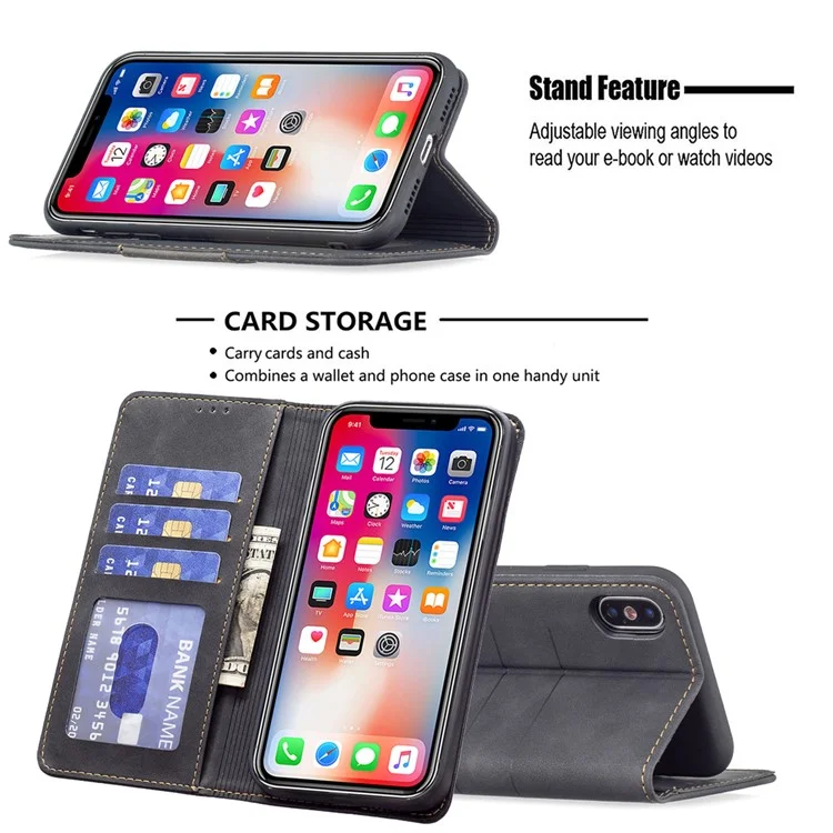 BINFEN COLOR Многоцветный дизайн Магнитный Bi-color Flip Phone Covering Shell Wallet Function Stand PU Leather Phone Case для iPhone X / iPhone XS 5,8 дюйма - Черный
