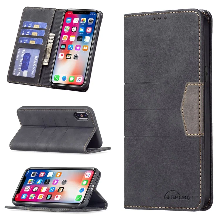 BINFEN COLOR Многоцветный дизайн Магнитный Bi-color Flip Phone Covering Shell Wallet Function Stand PU Leather Phone Case для iPhone X / iPhone XS 5,8 дюйма - Черный