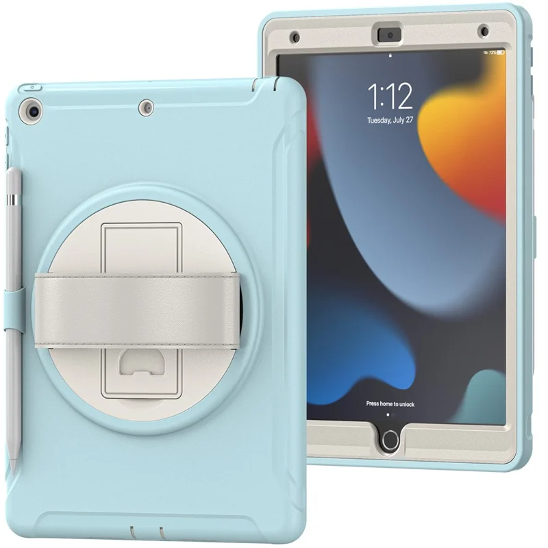 Hidden Kickstand PC + TPU Shockproof Tablet Case Cover with Hand Strap for iPad 10.2 (2021)/(2020)/(2019) - Crystal Blue