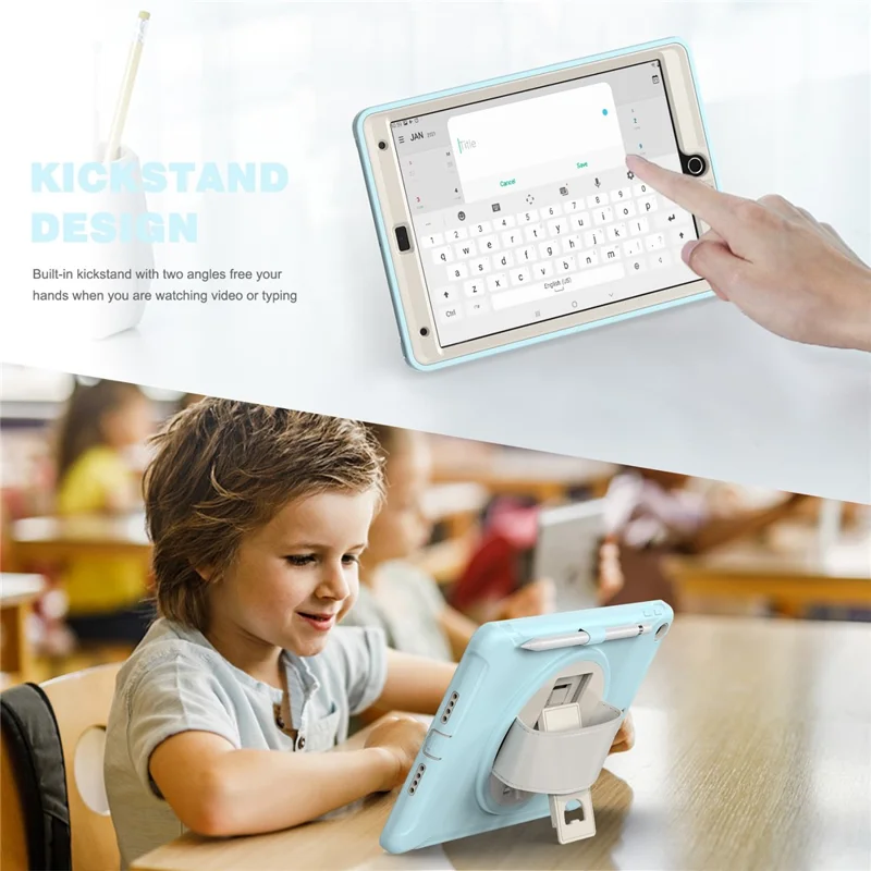 Hidden Kickstand PC + TPU Shockproof Tablet Case Cover with Hand Strap for iPad 10.2 (2021)/(2020)/(2019) - Crystal Blue