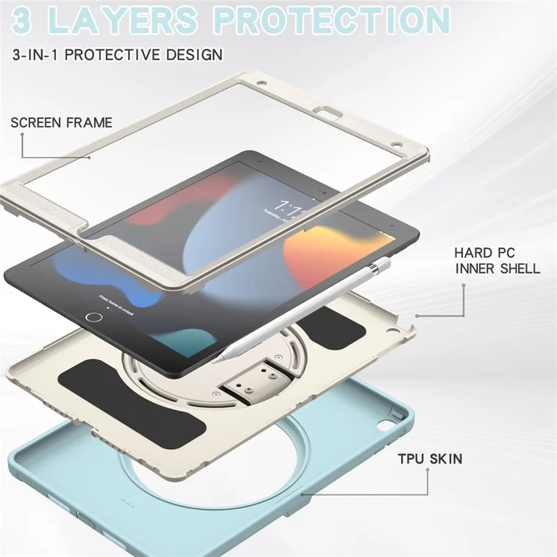 Hidden Kickstand PC + TPU Shockproof Tablet Case Cover with Hand Strap for iPad 10.2 (2021)/(2020)/(2019) - Crystal Blue