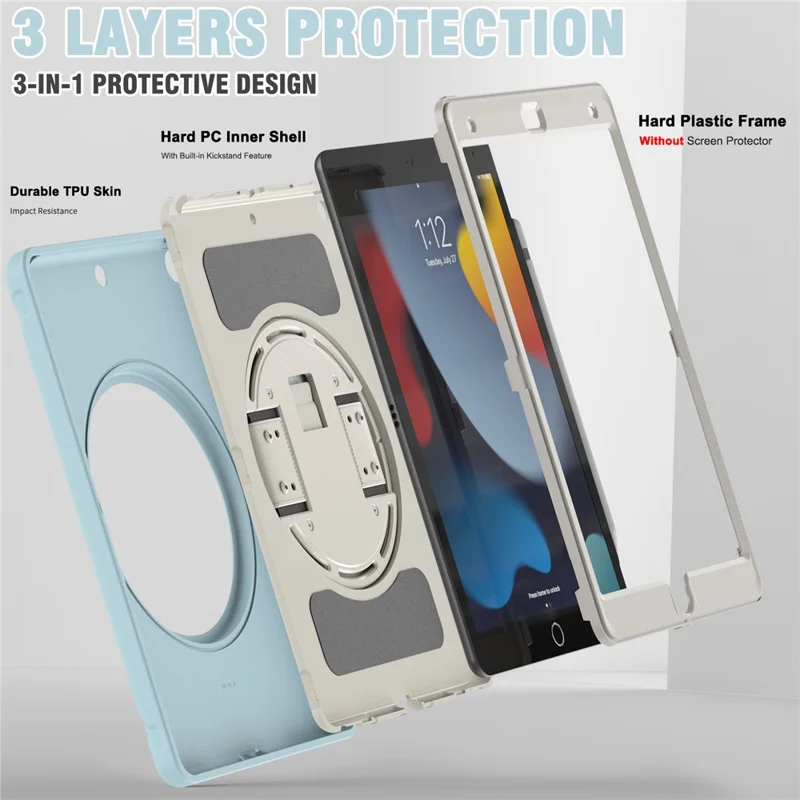 Hidden Kickstand PC + TPU Shockproof Tablet Case Cover with Hand Strap for iPad 10.2 (2021)/(2020)/(2019) - Crystal Blue