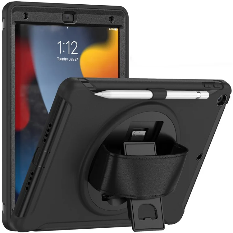 Versteckter Ständer PC + TPU stoßfeste Tablet-Hülle mit Handschlaufe für iPad 10.2 (2021)/(2020)/(2019) - Schwarz