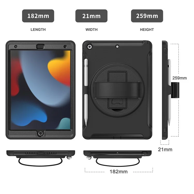 Versteckter Ständer PC + TPU stoßfeste Tablet-Hülle mit Handschlaufe für iPad 10.2 (2021)/(2020)/(2019) - Schwarz