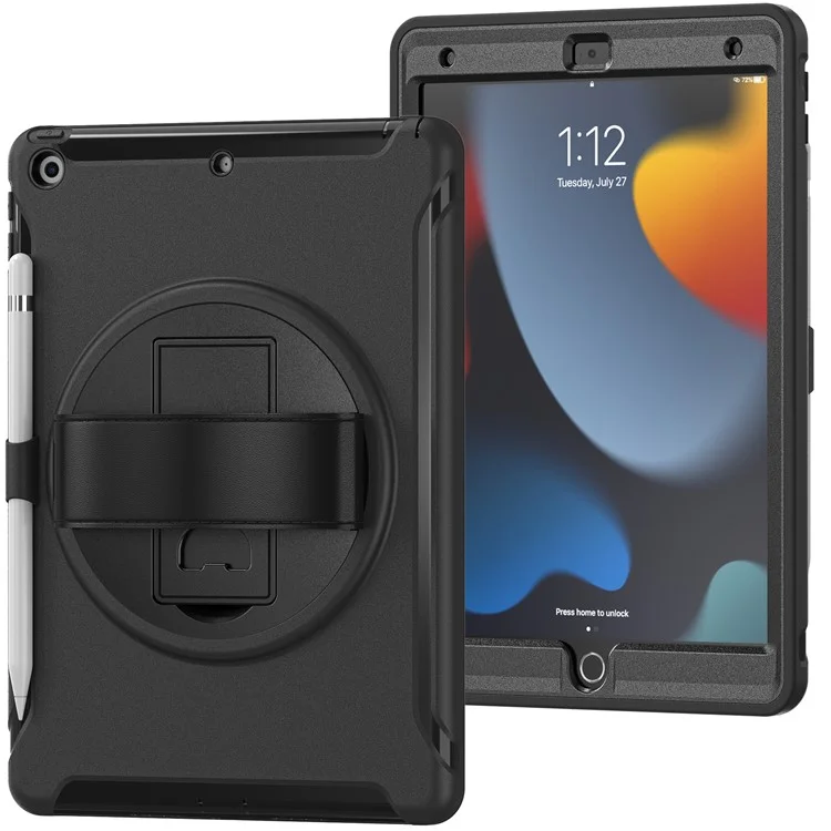 Versteckter Ständer PC + TPU stoßfeste Tablet-Hülle mit Handschlaufe für iPad 10.2 (2021)/(2020)/(2019) - Schwarz