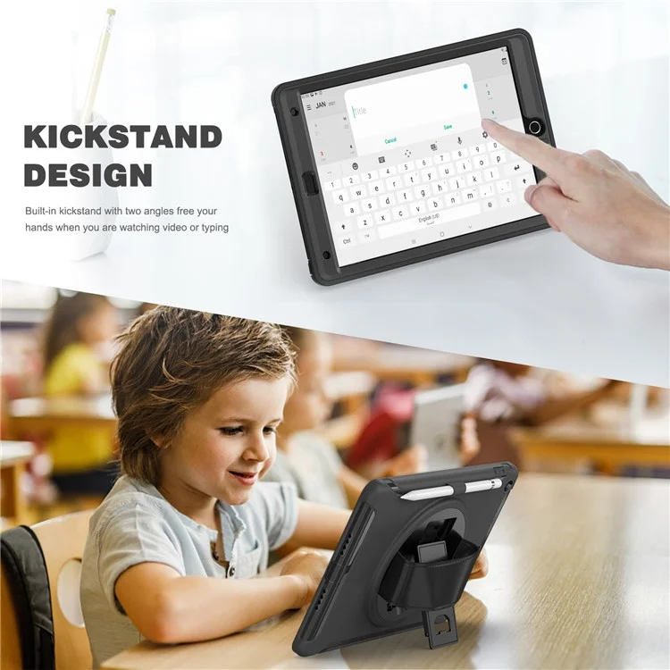 Versteckter Ständer PC + TPU stoßfeste Tablet-Hülle mit Handschlaufe für iPad 10.2 (2021)/(2020)/(2019) - Schwarz