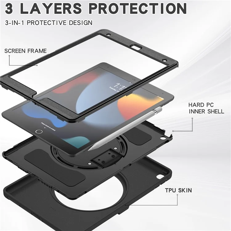 Versteckter Ständer PC + TPU stoßfeste Tablet-Hülle mit Handschlaufe für iPad 10.2 (2021)/(2020)/(2019) - Schwarz
