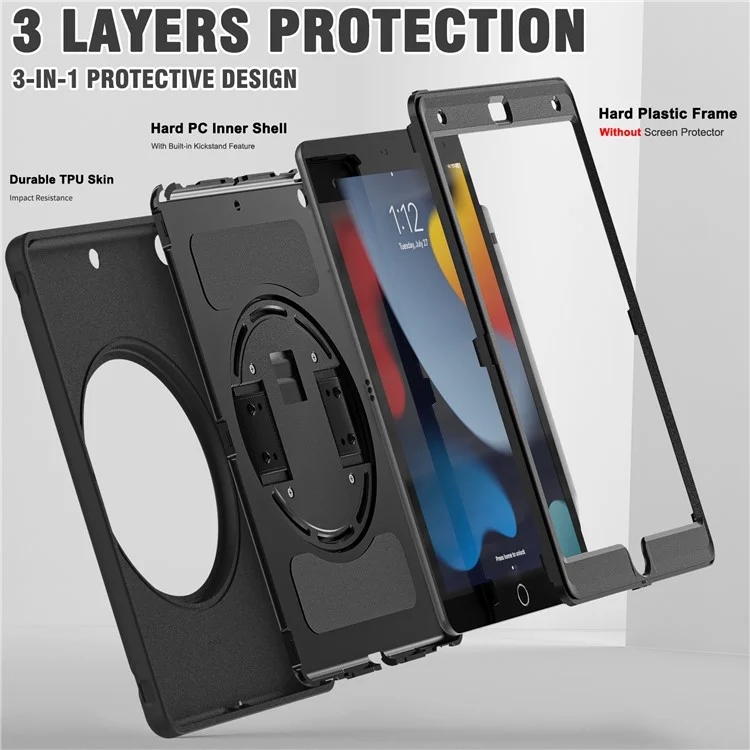 Versteckter Ständer PC + TPU stoßfeste Tablet-Hülle mit Handschlaufe für iPad 10.2 (2021)/(2020)/(2019) - Schwarz