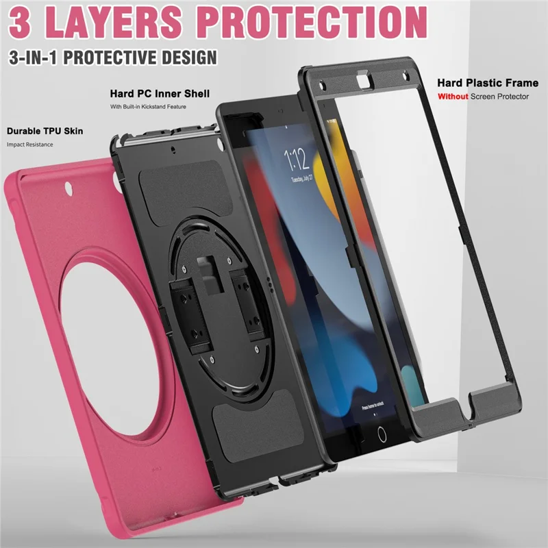 Hidden Kickstand PC + TPU Shockproof Tablet Case Cover with Hand Strap for iPad 10.2 (2021)/(2020)/(2019) - Rose