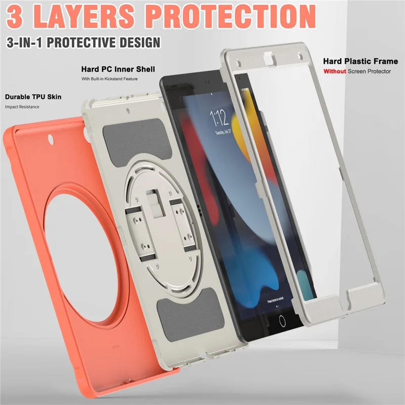 Hidden Kickstand PC + TPU Shockproof Tablet Case Cover with Hand Strap for iPad 10.2 (2021)/(2020)/(2019) - Coral Orange