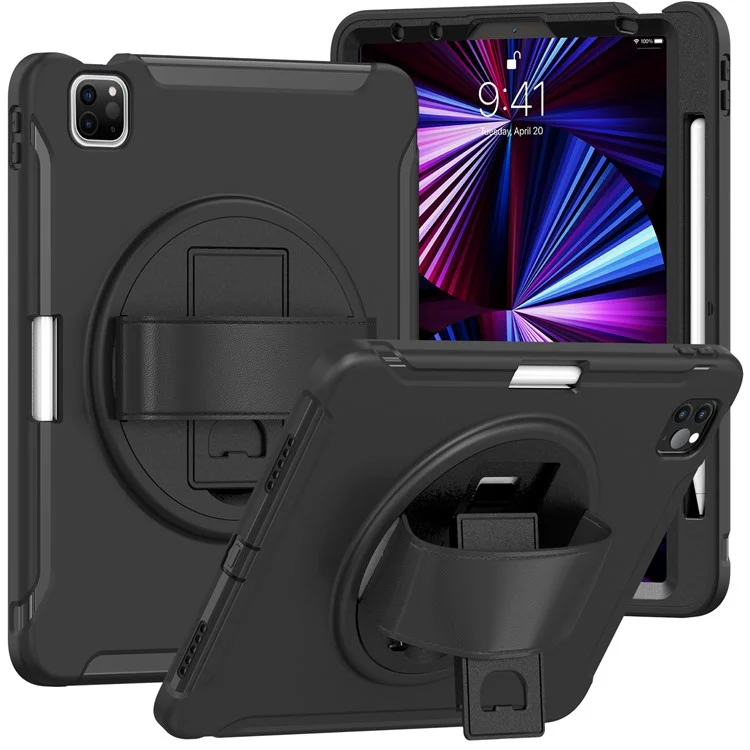 Correa de mano PC + Funda de silicona con soporte para iPad Pro 11 (2022) / (2021) / (2020) / (2018) / Air 11 (2024) / Air (2020) / (2022) - Negro