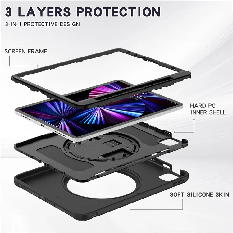 Hand Strap Design PC + Silicone Anti-fall Tablet Protective Case Cover with Rotary Kickstand for iPad Pro 11 (2022) /  (2021) / (2020) / (2018) / iPad Air (2020) / Air (2022) - Black