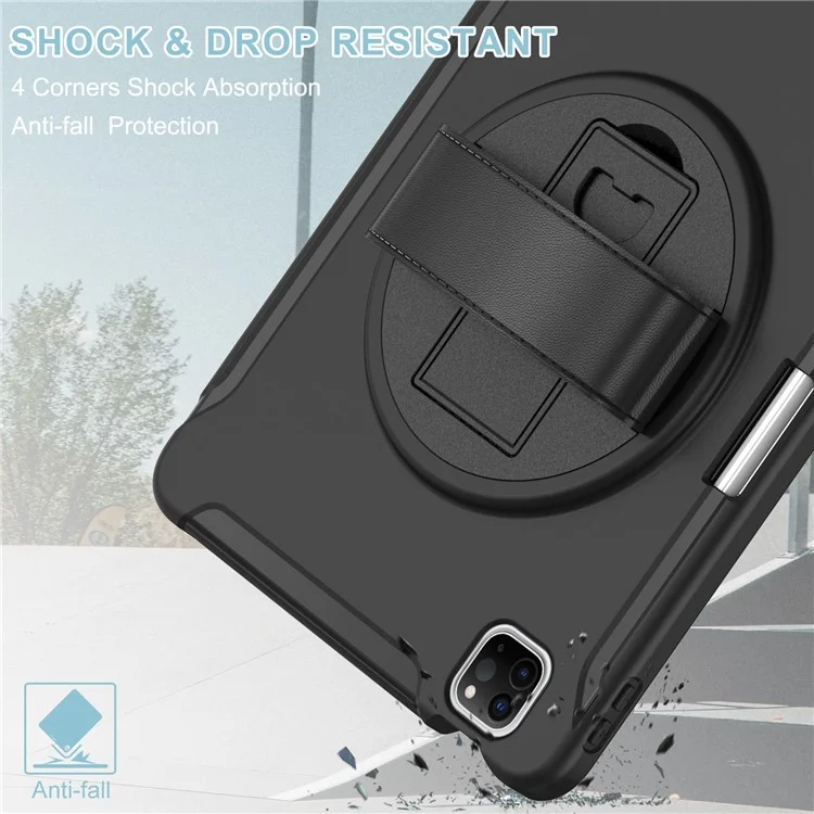 Correa de mano PC + Funda de silicona con soporte para iPad Pro 11 (2022) / (2021) / (2020) / (2018) / Air 11 (2024) / Air (2020) / (2022) - Negro