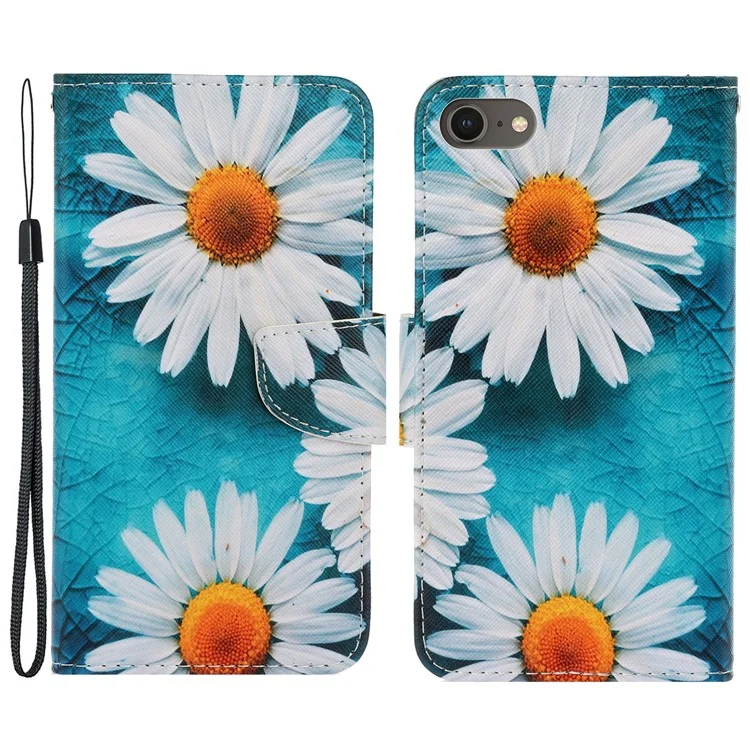 Stylish Pattern Printing PU Leather Wallet Case Magnetic Flip Stand Folio Cover with Strap for iPhone SE (2022)/SE (2020)/8/7 - Daisies