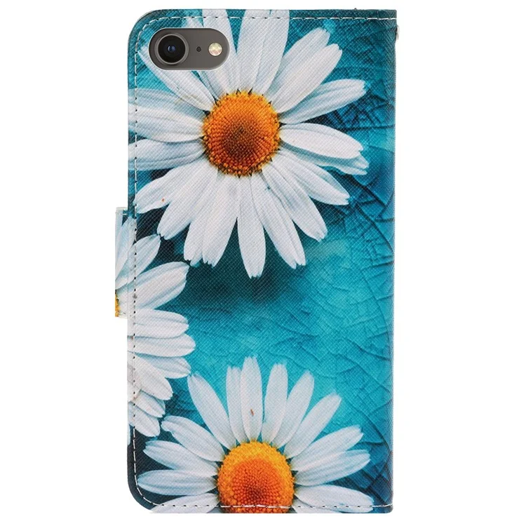 Stylish Pattern Printing PU Leather Wallet Case Magnetic Flip Stand Folio Cover with Strap for iPhone SE (2022)/SE (2020)/8/7 - Daisies