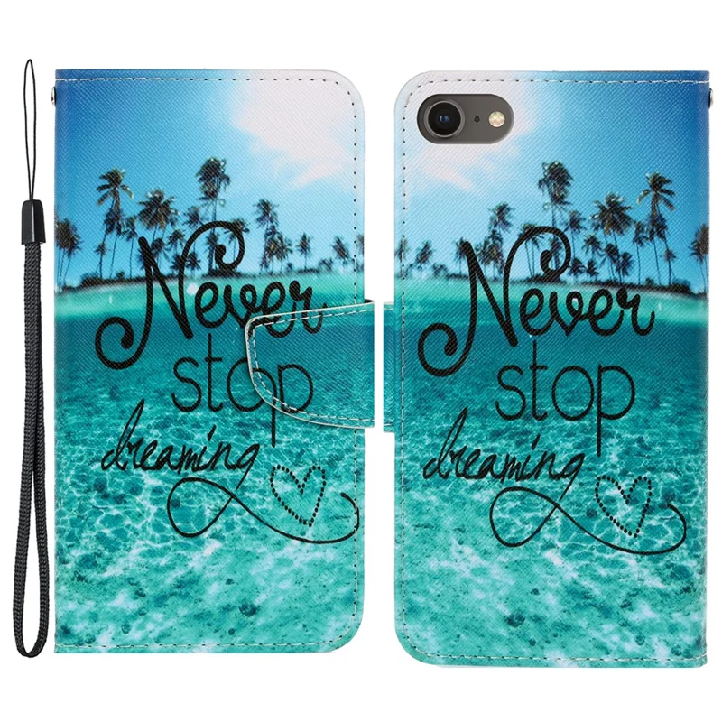Stylish Pattern Printing PU Leather Wallet Case Magnetic Flip Stand Folio Cover with Strap for iPhone SE (2022)/SE (2020)/8/7 - Never Stop Dreaming
