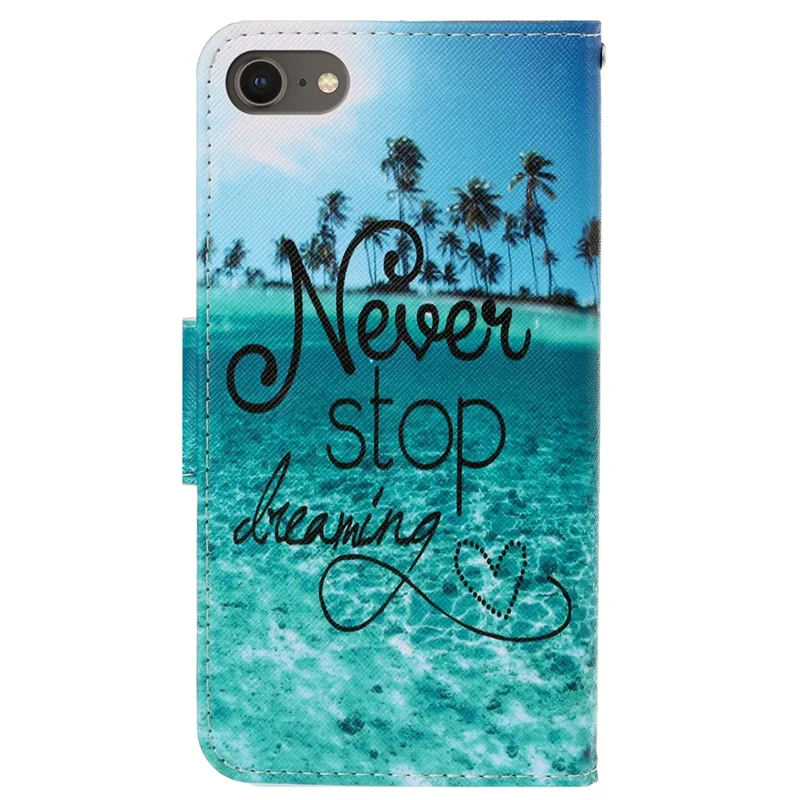 Stylish Pattern Printing PU Leather Wallet Case Magnetic Flip Stand Folio Cover with Strap for iPhone SE (2022)/SE (2020)/8/7 - Never Stop Dreaming