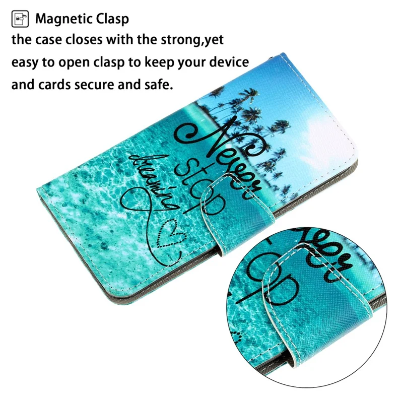 Stylish Pattern Printing PU Leather Wallet Case Magnetic Flip Stand Folio Cover with Strap for iPhone SE (2022)/SE (2020)/8/7 - Never Stop Dreaming