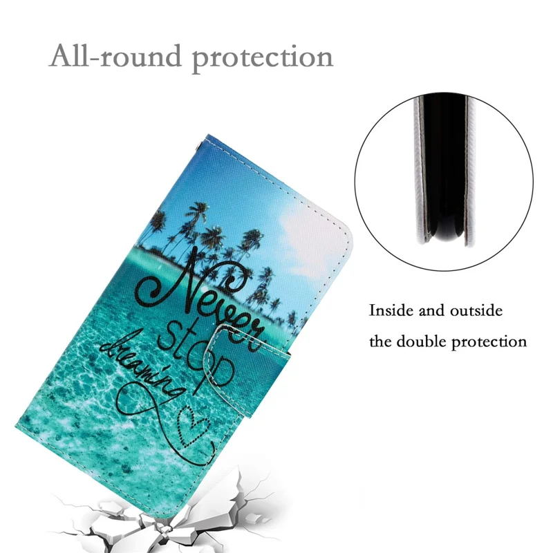 Stylish Pattern Printing PU Leather Wallet Case Magnetic Flip Stand Folio Cover with Strap for iPhone SE (2022)/SE (2020)/8/7 - Never Stop Dreaming