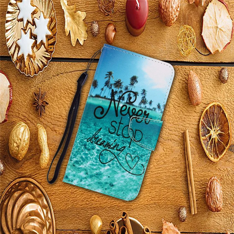 Stylish Pattern Printing PU Leather Wallet Case Magnetic Flip Stand Folio Cover with Strap for iPhone SE (2022)/SE (2020)/8/7 - Never Stop Dreaming