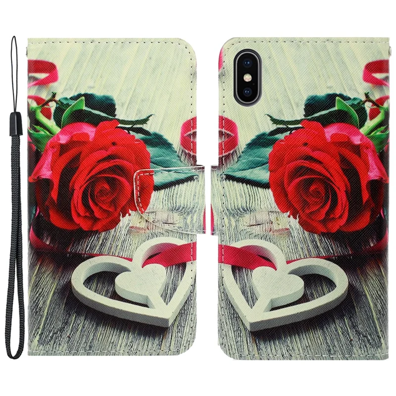 Wallet Stylish Pattern Printing PU Leather Case Magnetic Flip Stand Folio Cover with Strap for iPhone X/XS 5.8 inch - Rose