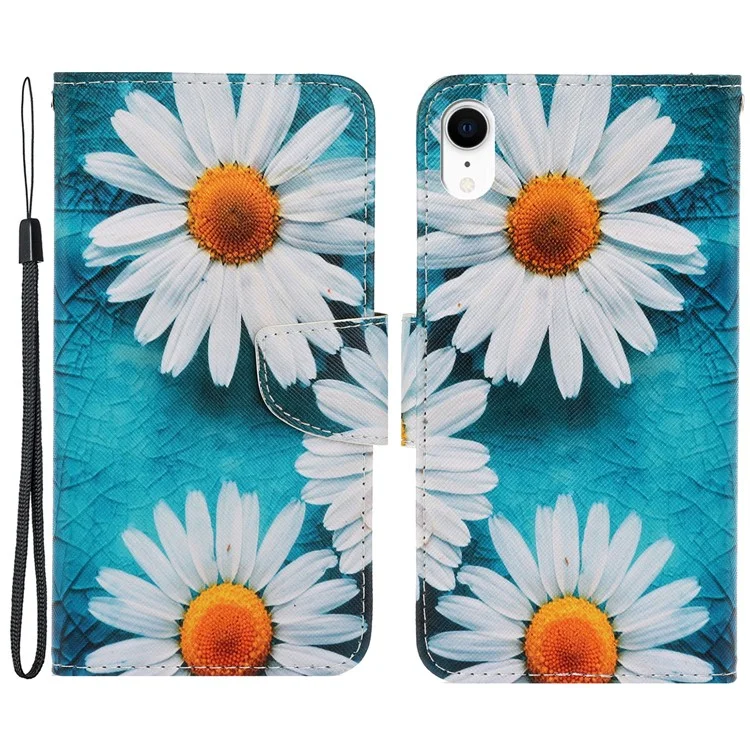 For iPhone XR 6.1 inch Phone Case Stylish Pattern Printing PU Leather Wallet Strong Magnetic Flip Stand Folio Phone Cover with Strap - Daisies