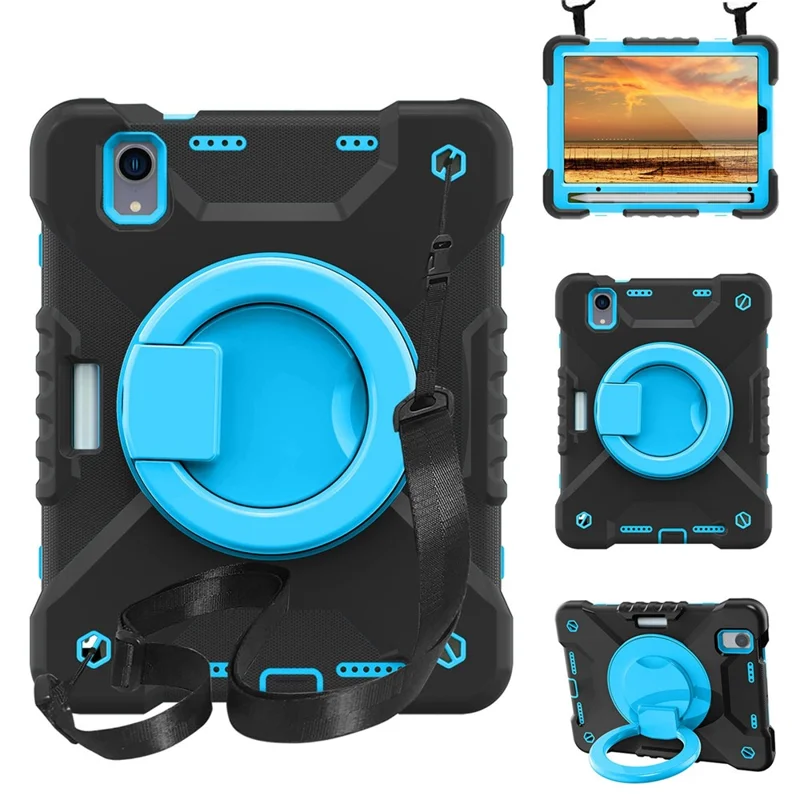 360-degree Rotating Kickstand Anti-Scratch Anti-Drop PC + Silicone Tablet Case with Shoulder Strap for iPad mini (2024) / mini (2021) - Black / Blue