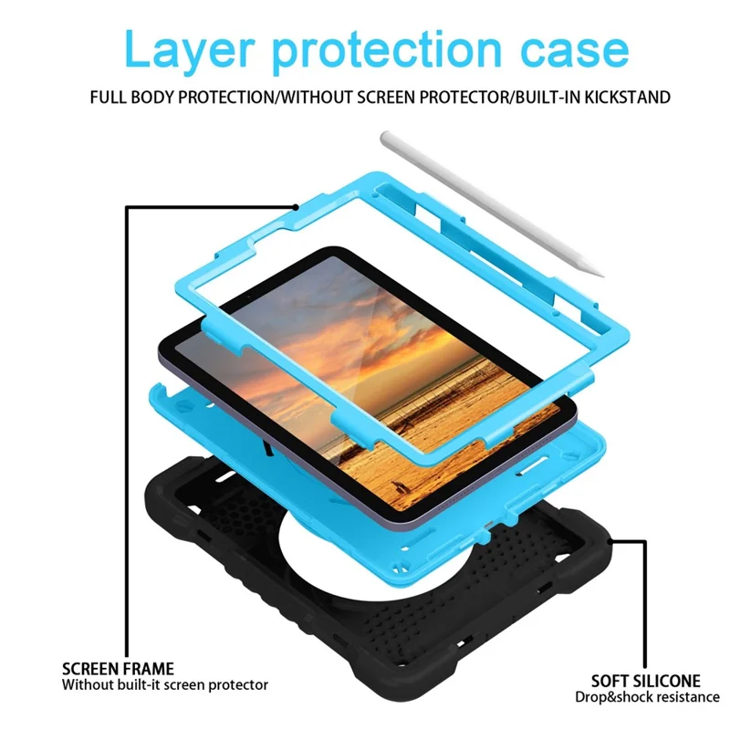 360-degree Rotating Kickstand Anti-Scratch Anti-Drop PC + Silicone Tablet Case with Shoulder Strap for iPad mini (2024) / mini (2021) - Black / Blue