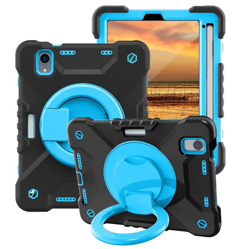 360-degree Rotating Kickstand Anti-Scratch Anti-Drop PC + Silicone Tablet Case with Shoulder Strap for iPad mini (2024) / mini (2021) - Black / Blue