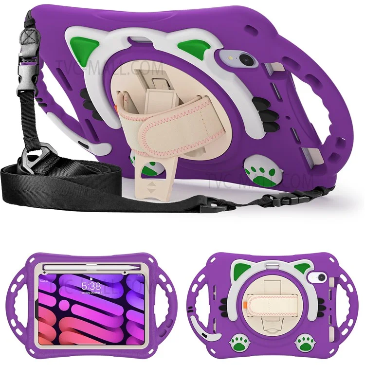 PC + Silicone Hybrid Cover Hand Band Design with Shoulder Strap and 360-Degree Rotary Kickstand Tablet Case for iPad mini (2021) - Purple
